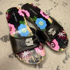VTG NINE WEST Y2K Wooden Floral Chunky Rhinestone Buckle Platform Summer Sandals